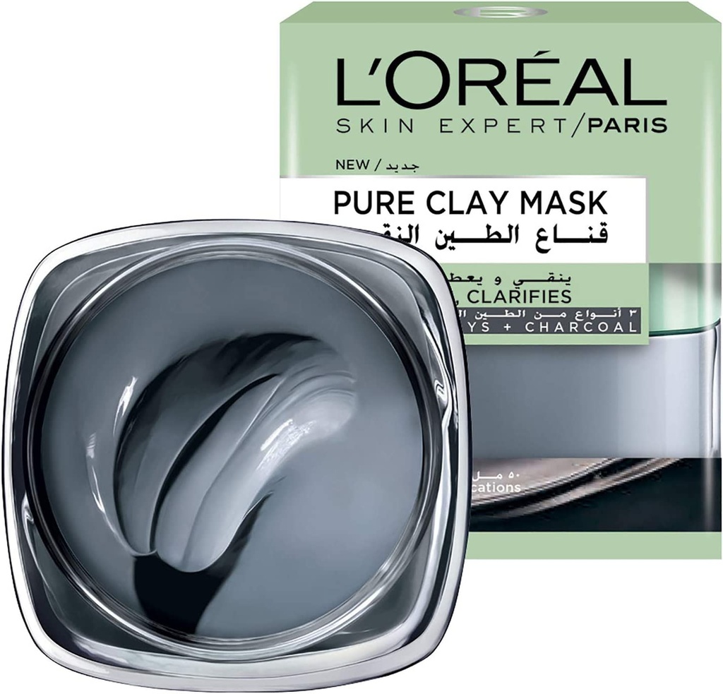 L'oréal Paris Pure Clay Black Face Mask With Charcoal, Detoxifies & Clarifies, 50 ml