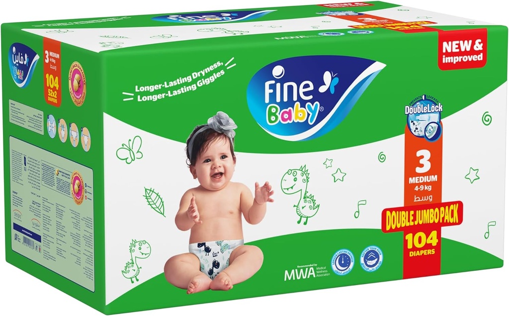 Fine Baby Double Lock, Size 3, Medium, 4-9 Kg, Giant Saving Box, 104 Diapers