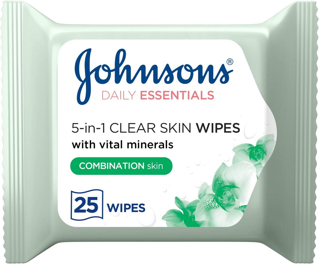 Johnson's Cleansing Face Wipes Daily Essentials 5-in-1 Clear Skin Combination Skin Pack Of 25 Wipes