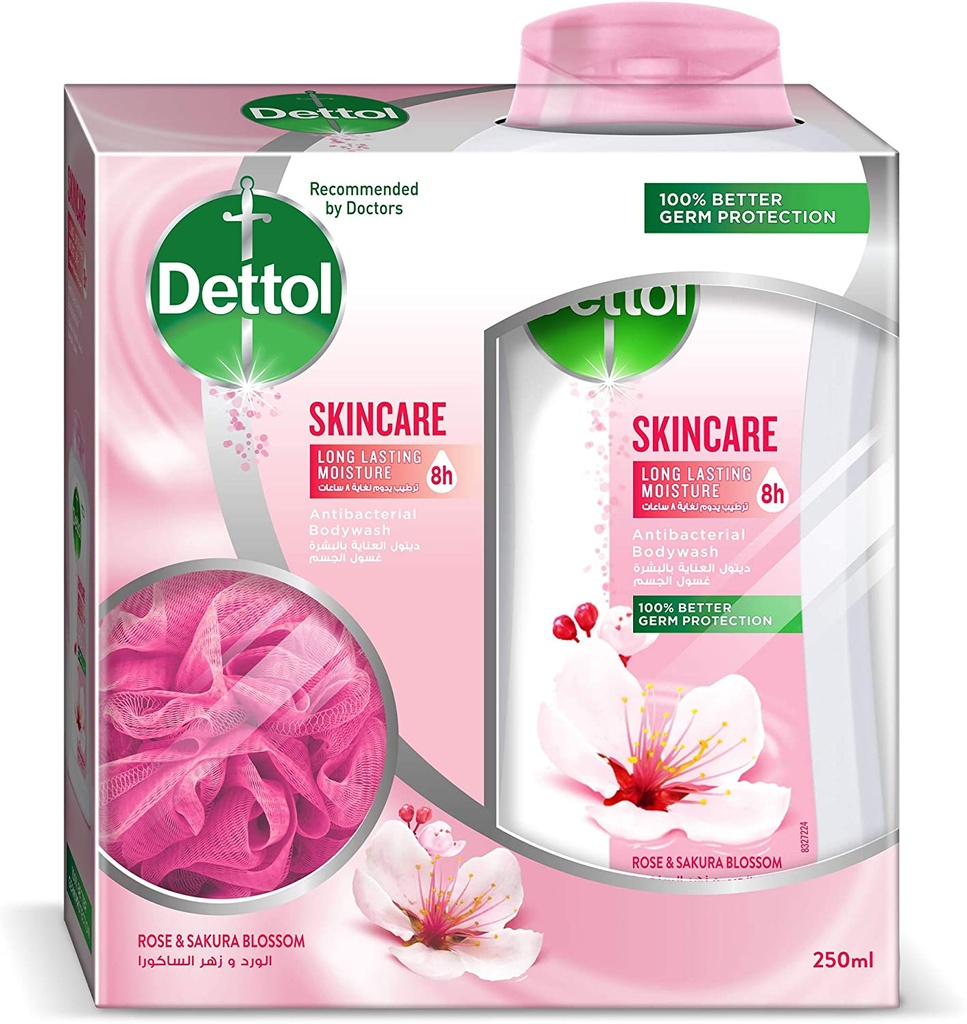 Dettol Shower Gel & Body Wash Rose & Blossom Fragrance With Puff 250ml