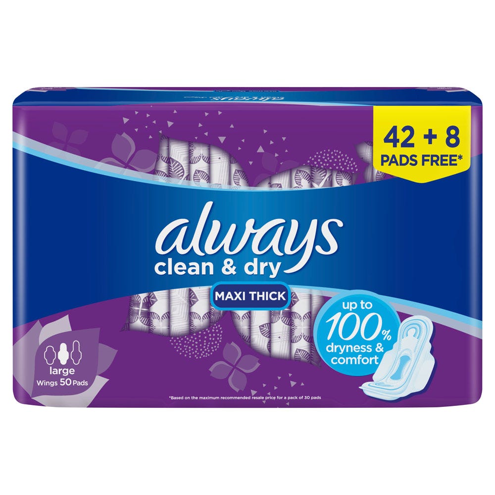 Always Cool & Dry No Heat Feel Maxi Thick Large Sanitary Pads With Wings 50 Pad Count