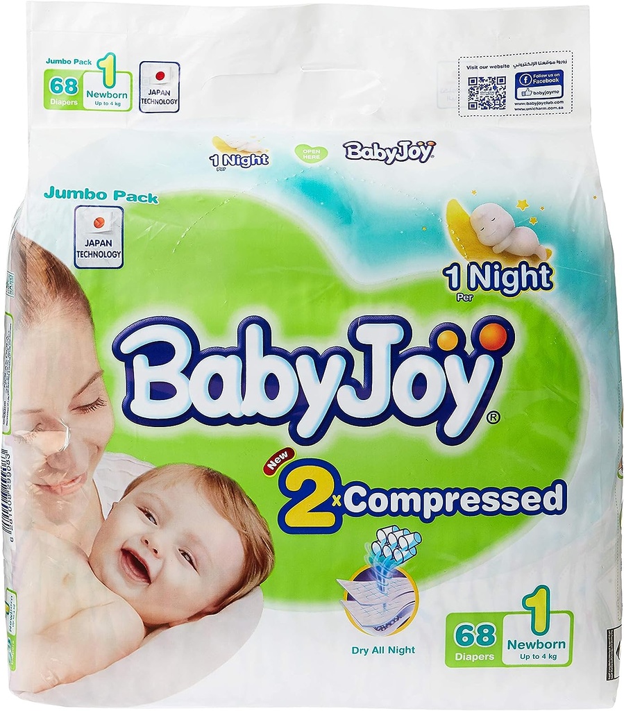Babyjoy Compressed Diamond Pad Size 1 Newborn 0-4 Kg Jumbo Pack 68 Diapers