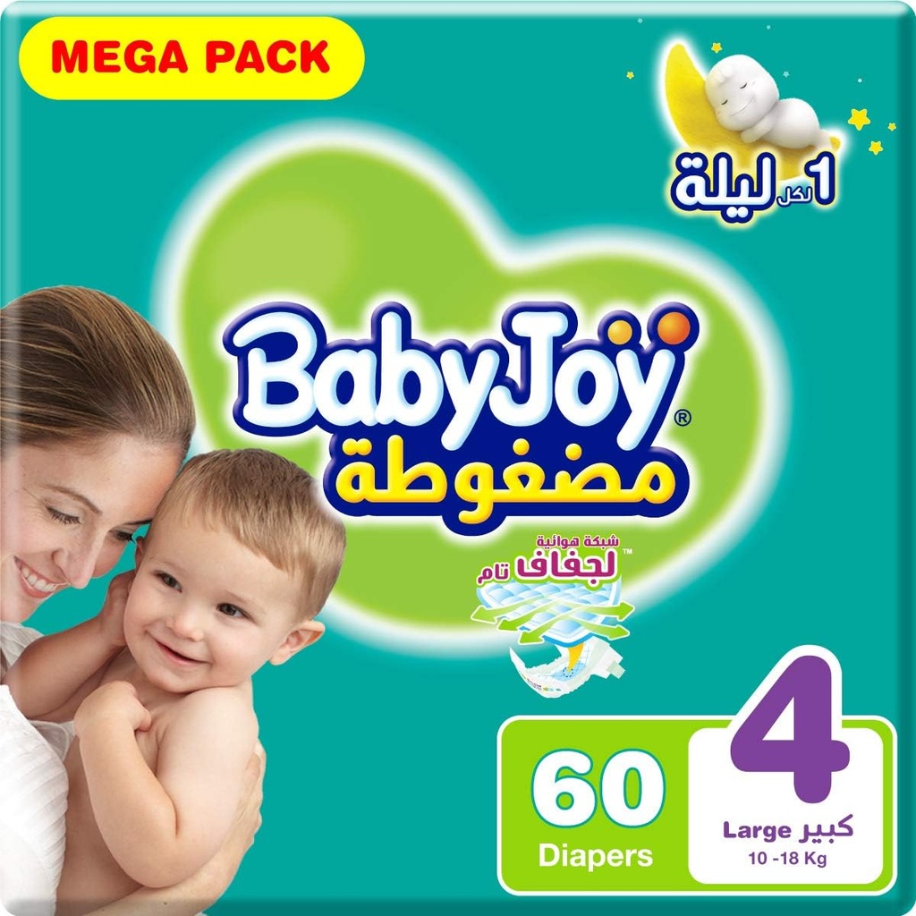 Babyjoy Compressed Diamond Pad Size 4 Large 10-18 Kg Mega Pack 60 Diapers