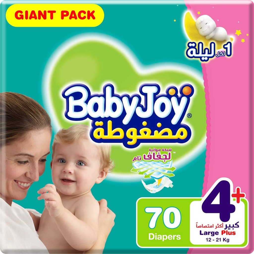 Babyjoy Compressed Diamond Pad Size 4+ Large+ 12-21 Kg Giant Pack 70 Diapers