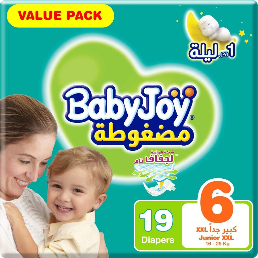 Babyjoy Compressed Diamond Pad Size 6 Junior Xxl 16+ Kg Value Pack 19 Diapers