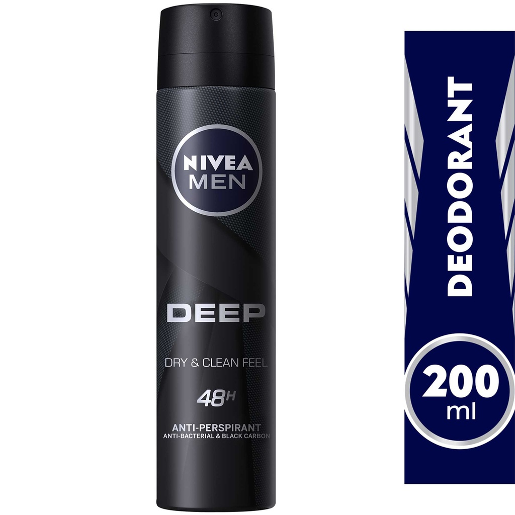 Nivea Men Antiperspirant Spray For Men Deep Black Carbon Antibacterial Dark Wood Scent 150ml