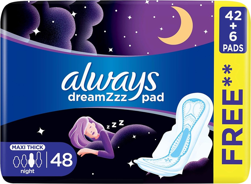 Always Dreamzz Pad Clean & Dry Maxi Thick Night Long Sanitary Pads With Wings 48 Count