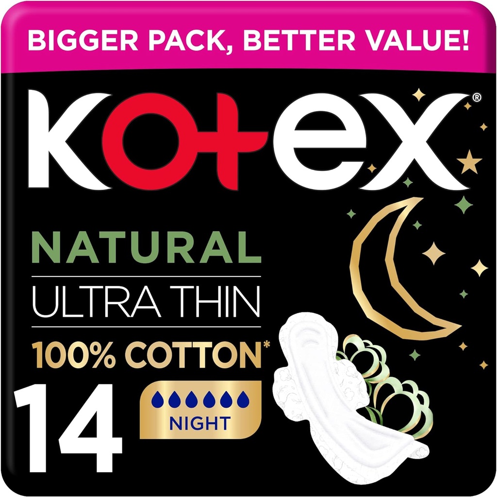 Kotex Natural Ultra Thin Night Pads For Heavy Flow Days & Nights Pack Of 14 Overnight Sanitary Pads For Women 100% Cotton Reliable Protection & Ultimate Softness During Sleep