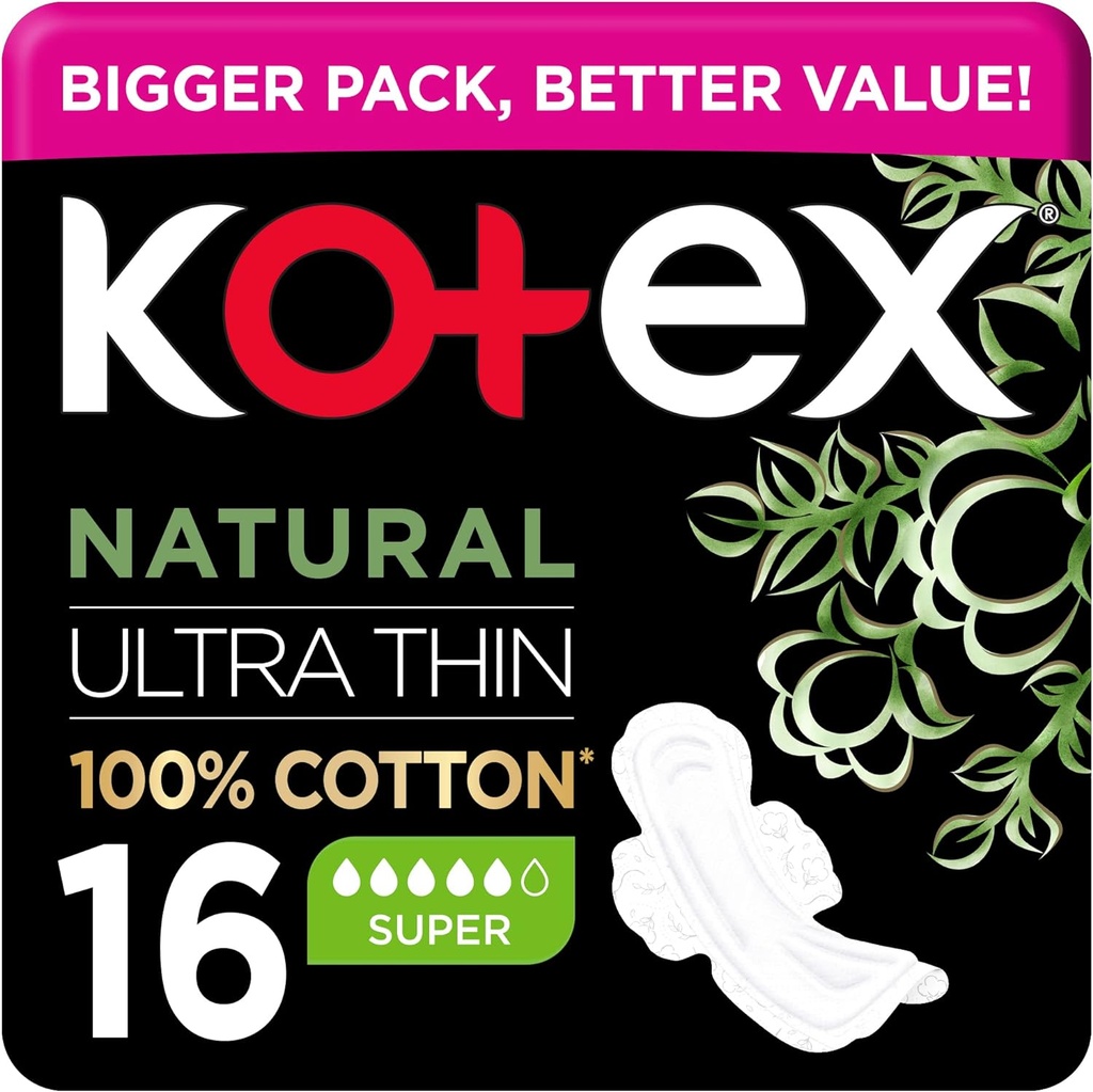 Kotex Natural Ultra Thin Sanitary Pads For Medium To Heavy Flow Days Pack Of 16 Sanitary Pads For Women Super Absorbency 100% Cotton Discreet Fit & Long-lasting Protection