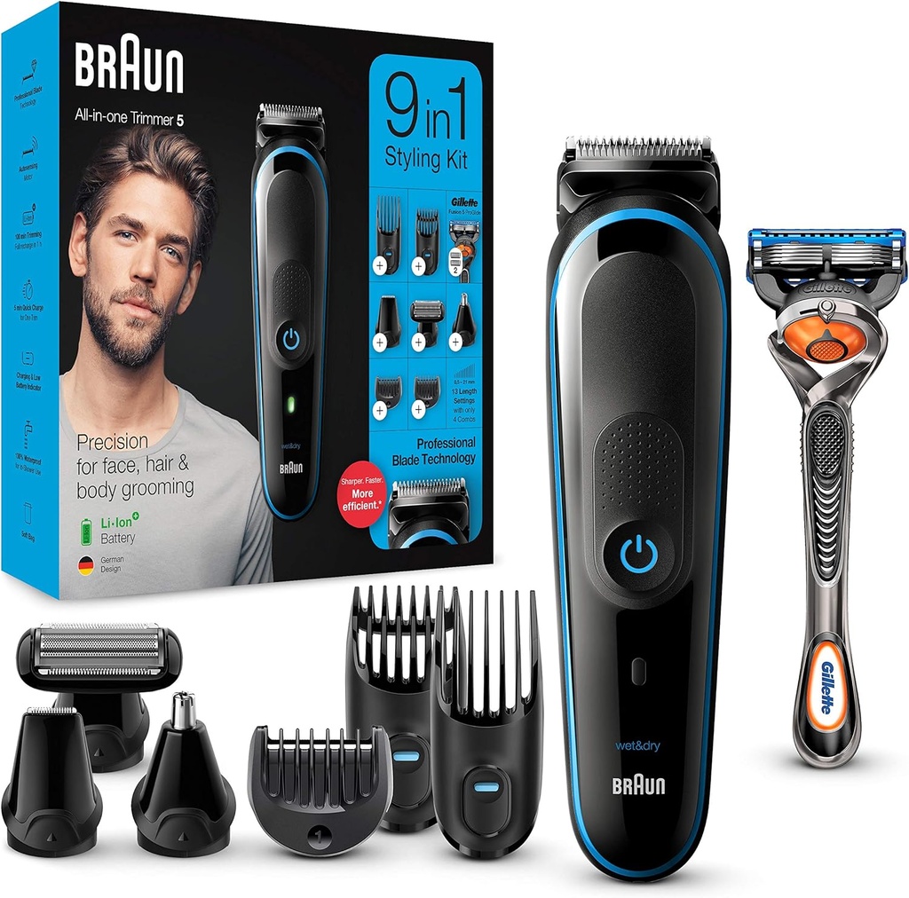 Braun 9 In 1 All-in-one Trimmer 5 Mgk5280 Beard Trimmer For Men Hair Clipper And Body Groomer With Autosensing Technology And Gillette Proglide Razor Black & Blue - Pack Of 1