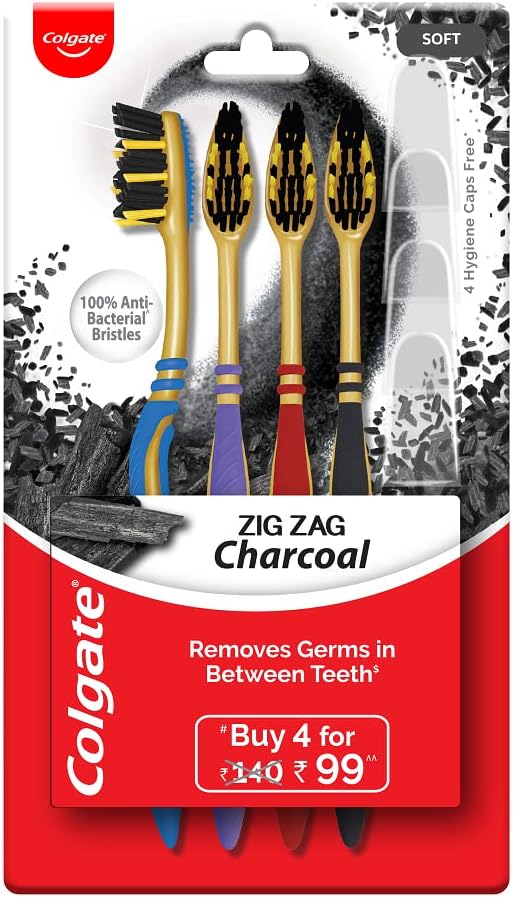 Colgate Zigzag Charcoal Soft Bristle Toothbrush - 4 Pcs