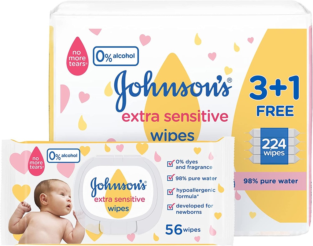 Johnsons Baby Wipes Extra Sensitive 98% Pure Water 3+1 Packs Of 56 Wipes 224 Total Count