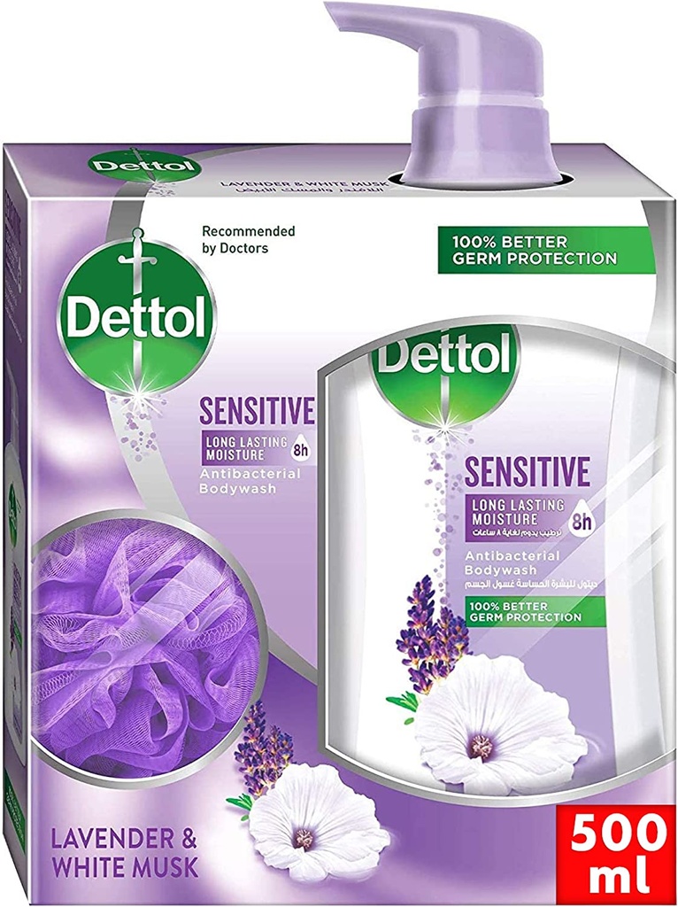 Dettol Shower Gel Sensitive 500 Ml + Puff