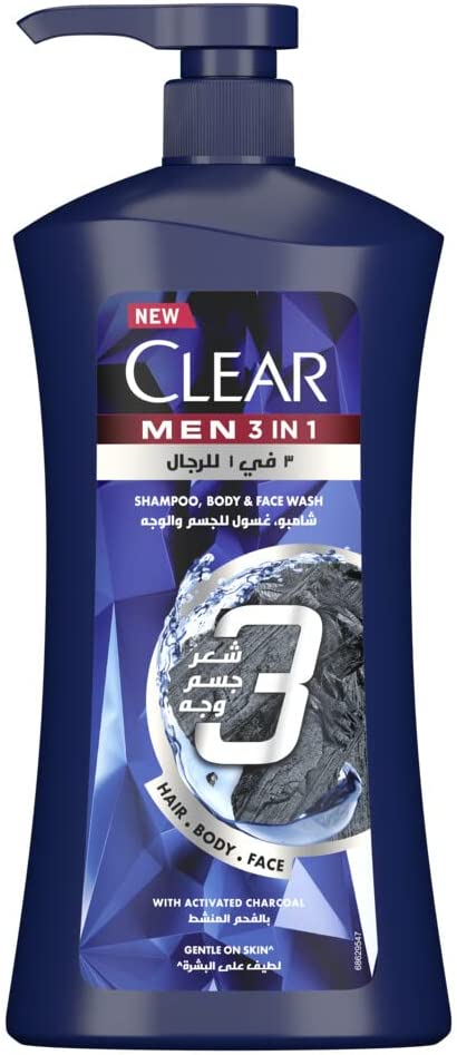 Clear Complete Care 3in1 Shampoo For Hair Face & Body With Activated Charcoal For 100% Dandruff Free Hair And Moisturized Skin 900ml