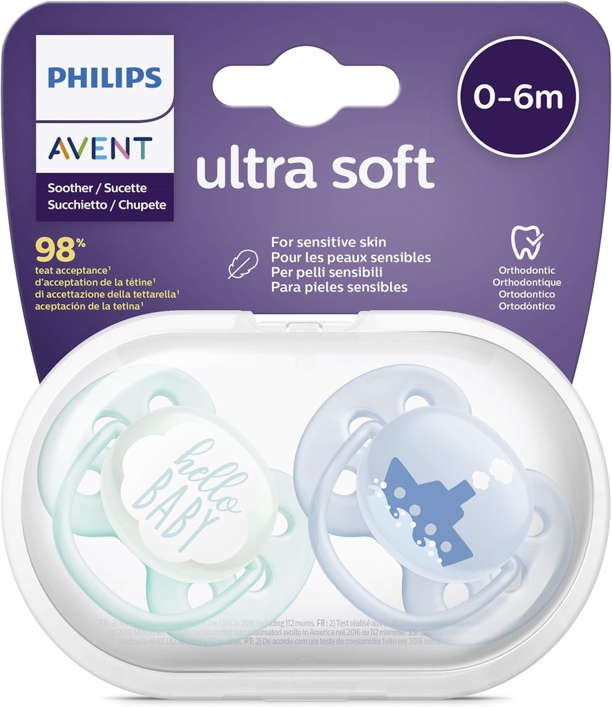 Philips Avent Soft Soother, 0-6 Months Boy Mix Deco, Blue, 2 Count (pack Of 1), Scf222/01