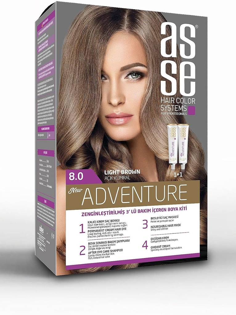 Light Brown Hair Dye Kit 8.0 2 Tubes Hair Dye Cream • 1 Oxidant Cream • 1 Hair Care Cream • 1 Hair Care Shampoo • 1 Pair Of Gloves