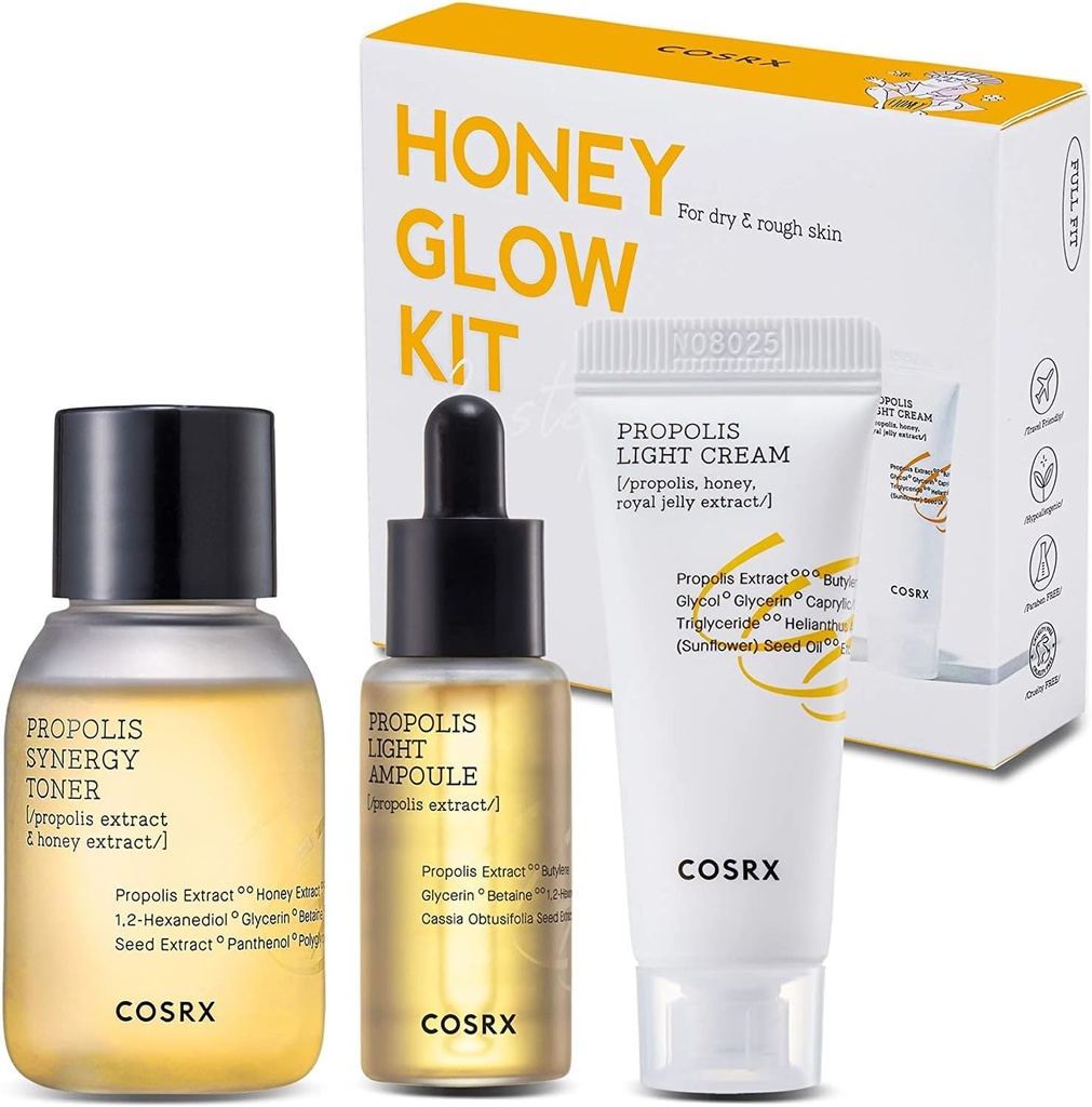 Cosrx Honey Glow Kit | Facial Toner, Serum, Cream With Propolis Extract | Deep Moisture, Hydration, Nourishment | Travel Size Set, Gift Set, Korean Skincare, Not Tested On Animals, Paraben Free