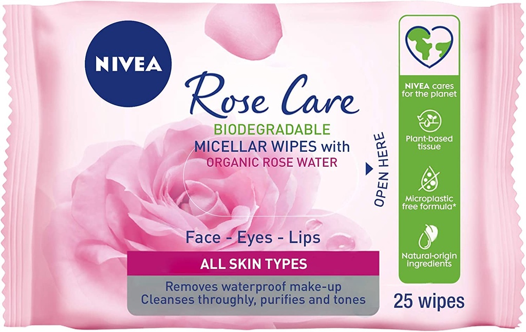 Nivea Face Wipes Micellar Rose Care With Organic Rose Water All Skin Types 25 Wipes