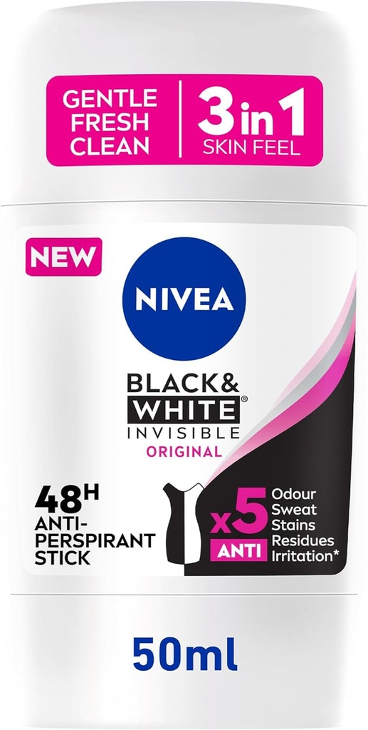 Nivea Antiperspirant Stick For Women, 48h Protection, Black & White Invisible Original, 50ml