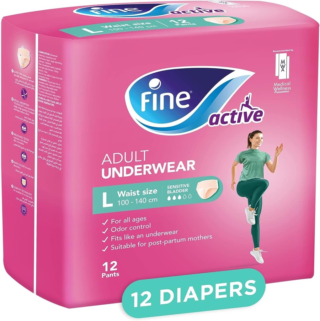 Fine Active ® Adult Incontinence And Postpartum Pull-up Underwear For Women, Size Large (waist 100-140 Cm), 12 Count. Super Thin Elastic Pants, Nude Color For Extra Discretion, Suitable For All Ages