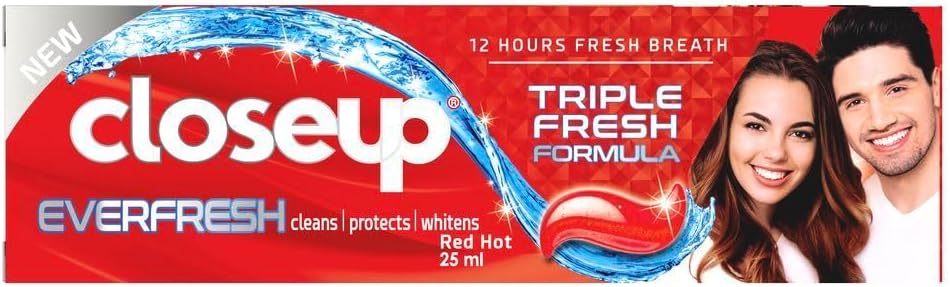 Close Up Triple Fresh Gel Toothpaste, For 12 Hours Fresh Breath, Red Hot Flavor, With Antibacterial Mouthwash & Microshine Crystals, 25ml