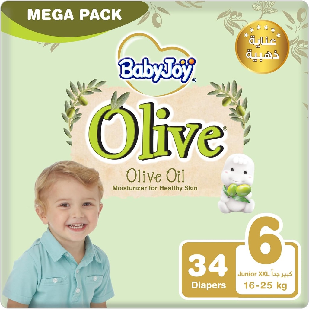 Babyjoy Olive Tape Diaper, Size 6, Junior Xxl, 16-25 Kg, Mega Pack, 34 Diapers