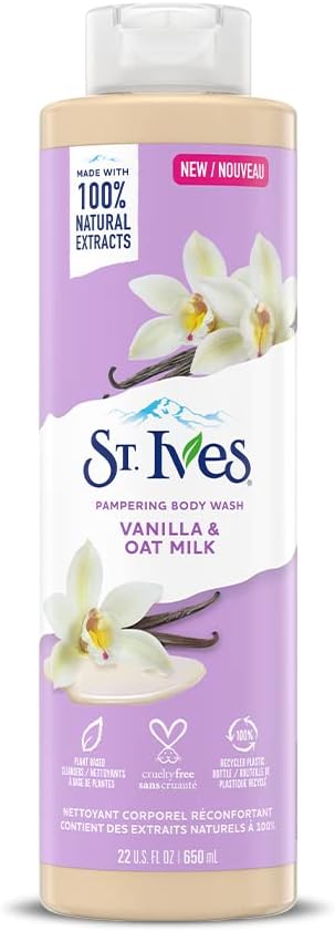 St. Ives Pampering Body Wash (650ml) Vanilla & Oat Milk Made With Plant-based Cleansers & 100% Natural Extracts 16 Oz Shower Gel, White