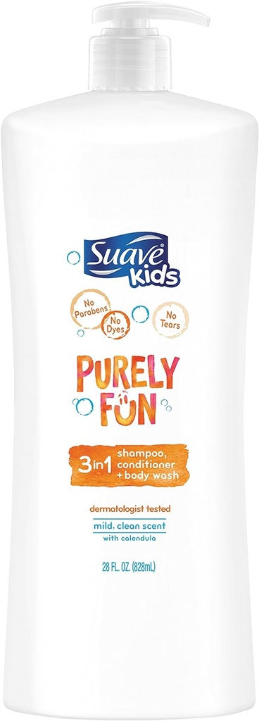 Suave Kids Purely Fun Shampoo Conditioner Body Wash, 3 In 1, 28 Oz