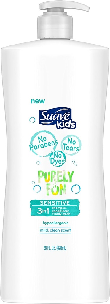 Suave Kids 3 In 1 Shampoo Conditioner Body Wash, Purely Fun Sensitive, 28 Oz