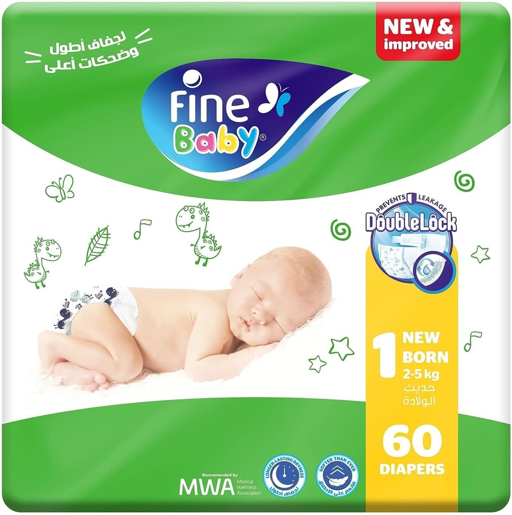 Fine Baby Baby Diapers Size 1 (2-5kg) Medium, 60 Count - ® With The New Double Lock Leak Barriers!