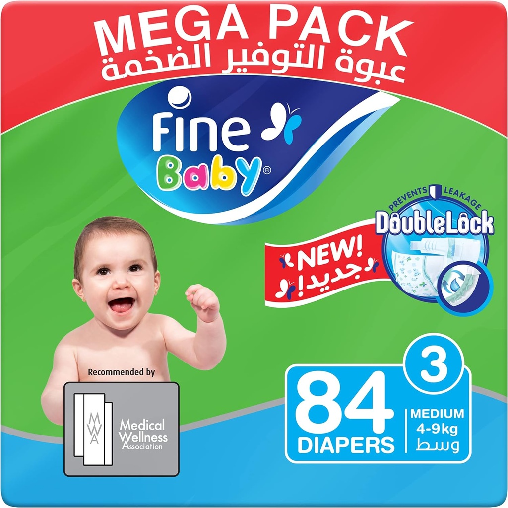Fine Baby Double Lock, Size 3, Medium, 4-9 Kg, Mega Pack, 84 Diapers