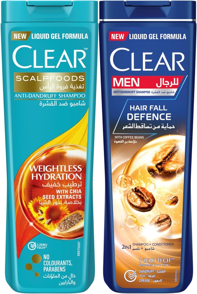 Clear Men Anti-dandruff 2 In 1 Shampoo, Hairfall Defence For Up To 95% Less Hairfall, 400ml + Clear Men Anti-dandruff Shampoo Weightless Hydration, 350ml