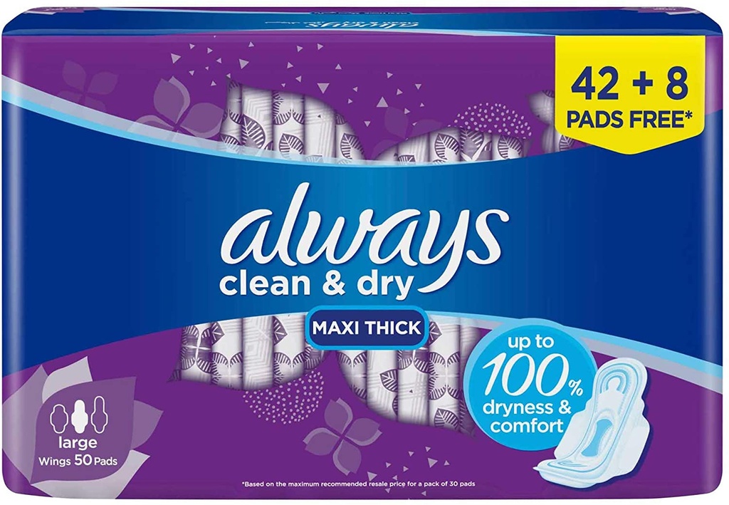 Always Breathable Soft Maxi Thick Large Sanitary Pads With Wings 50 Ct