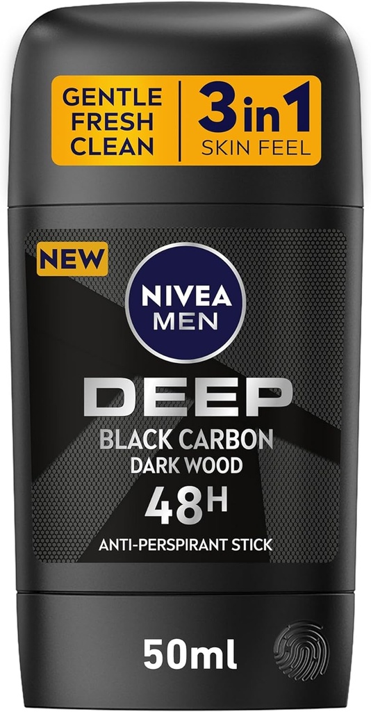 Nivea Men Antiperspirant Stick For Men, 48h Protection, Deep Black Carbon Antibacterial, Woody Scent, 50ml