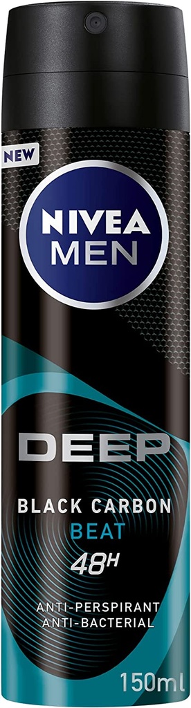 Nivea Men Antiperspirant Spray For Men Deep Beat Black Carbon Antibacterial Wood Fresh Scent 150ml